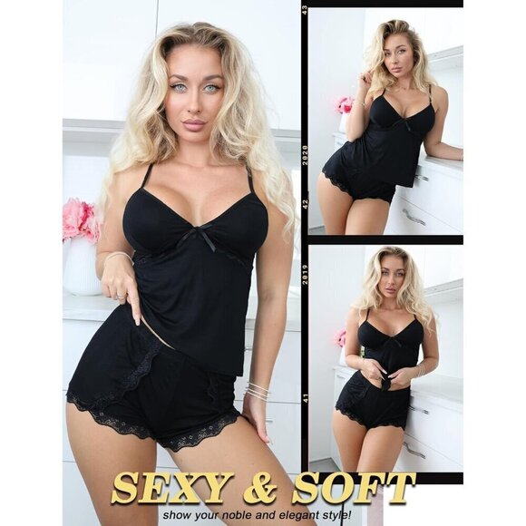 Women Black Pajamas Set Sexy Modal Sleepwear Cami Sleep Lace Trim with Shorts - Picture 3 of 6